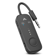 Relay Bluetooth Adapter for Airplanes, connects to airplane seatback screens via 3.5mm AUX and streams audio to Bluetooth headphones.
