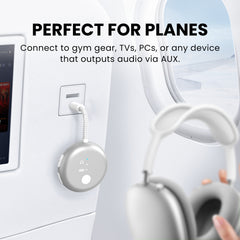 SoundJet R1 Airplane Bluetooth Adapter for Headphones and AirPods, connects to gym equipment, TVs, PCs, and any device with AUX audio output.
