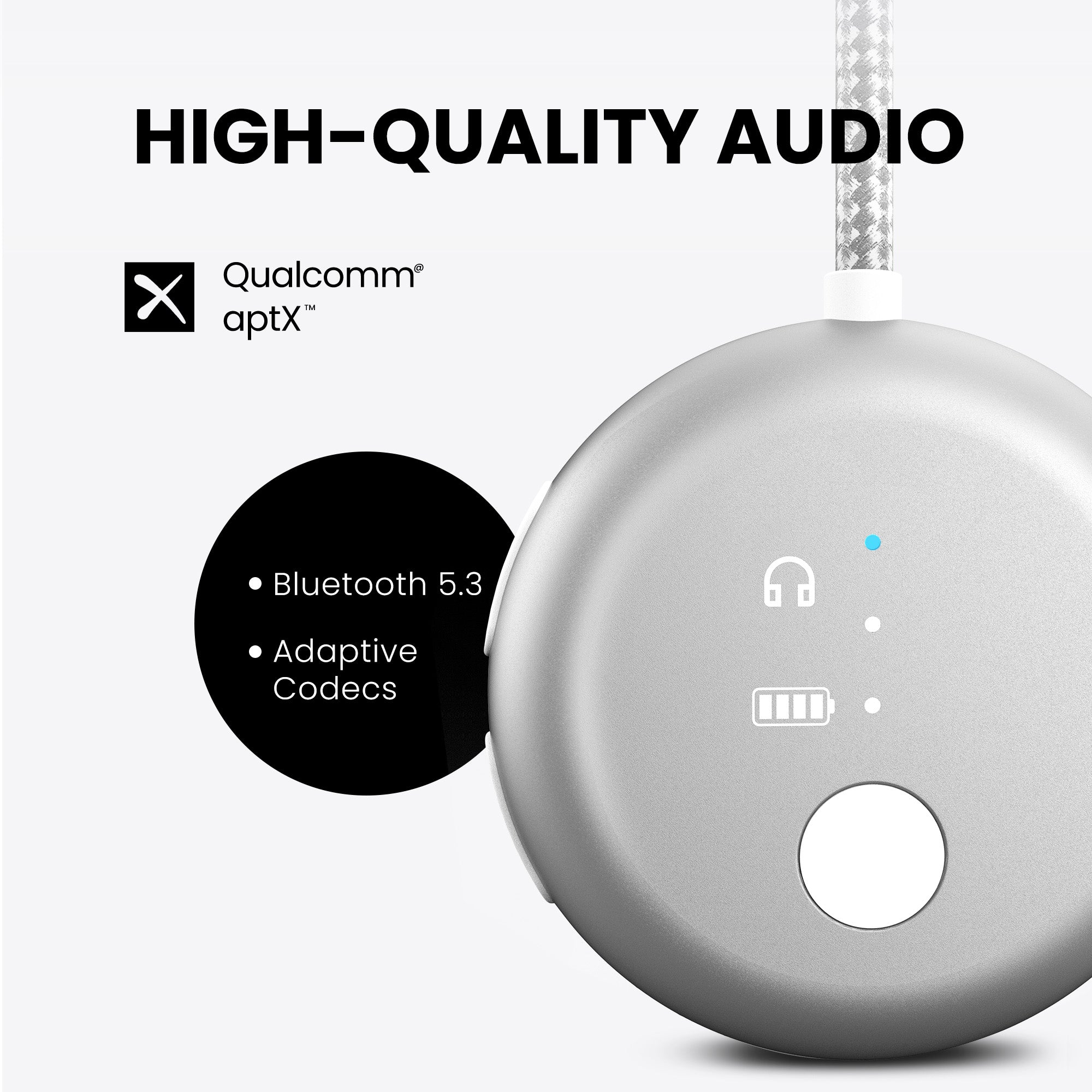 SoundJet R1 Airplane Bluetooth Adapter for Headphones and AirPods, Qualcomm aptX Adaptive and aptX HD , Bluetooth 5.3, high-quality audio