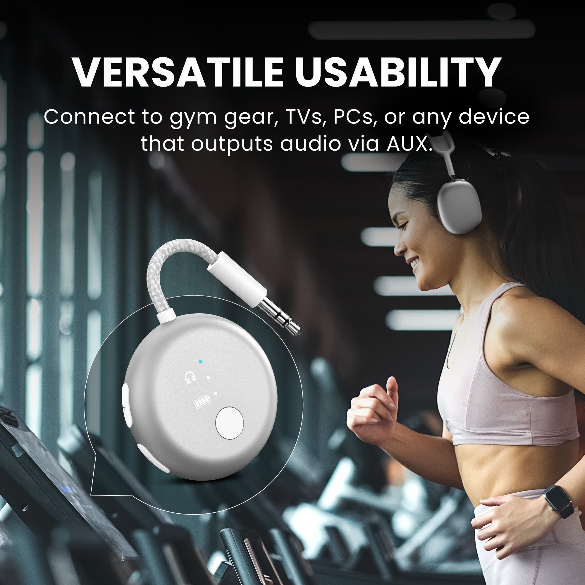 SoundJet R1 Airplane Bluetooth Adapter for Headphones and AirPods, connects to gym equipment, TVs, PCs, and any device with AUX audio output.