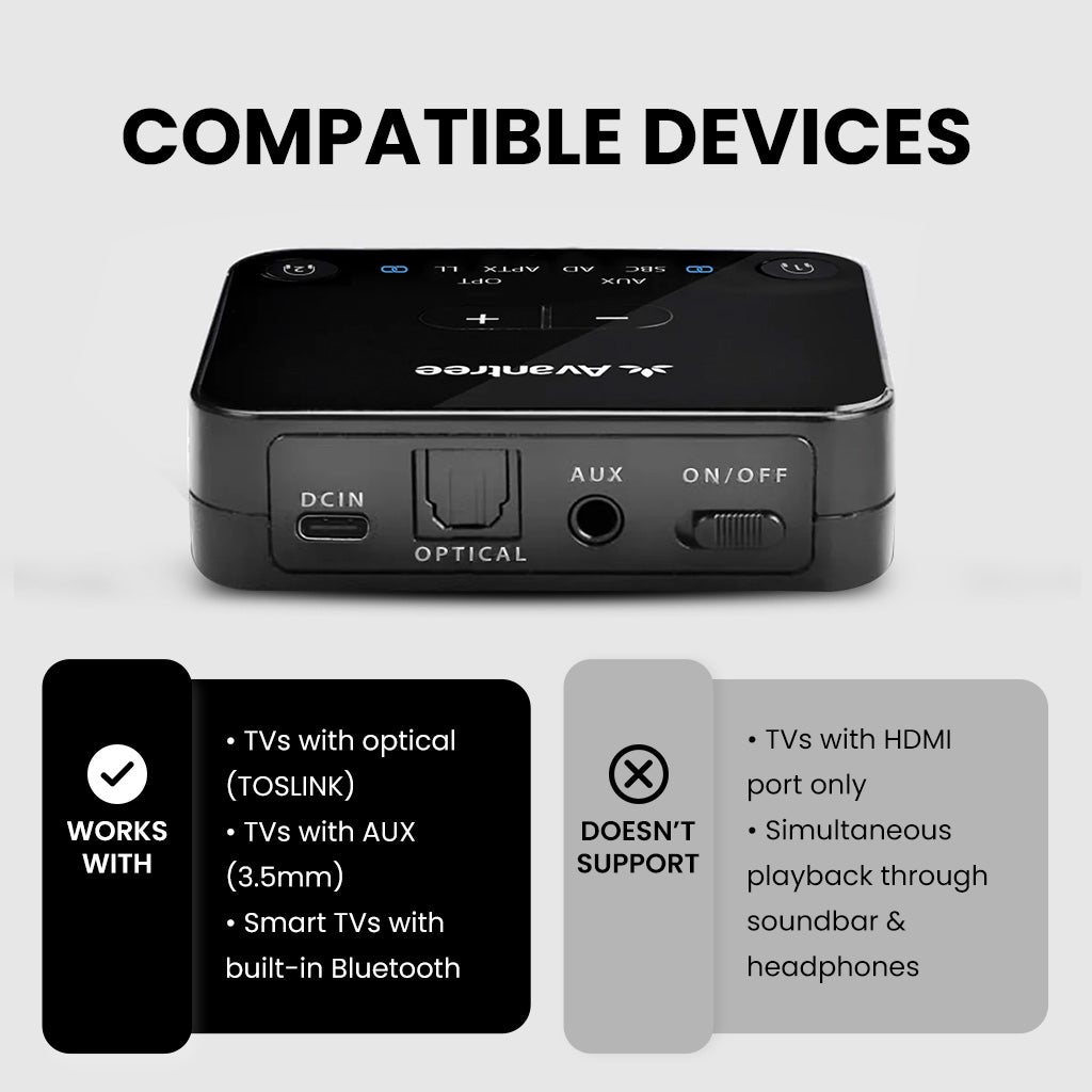 HT41899 Plus Wireless Dual Headphones for TV watching, with clear sound, featuring optical, 3.5 mm AUX, and built-in Bluetooth audio outputs; does not support HDMI or soundbar passthrough.