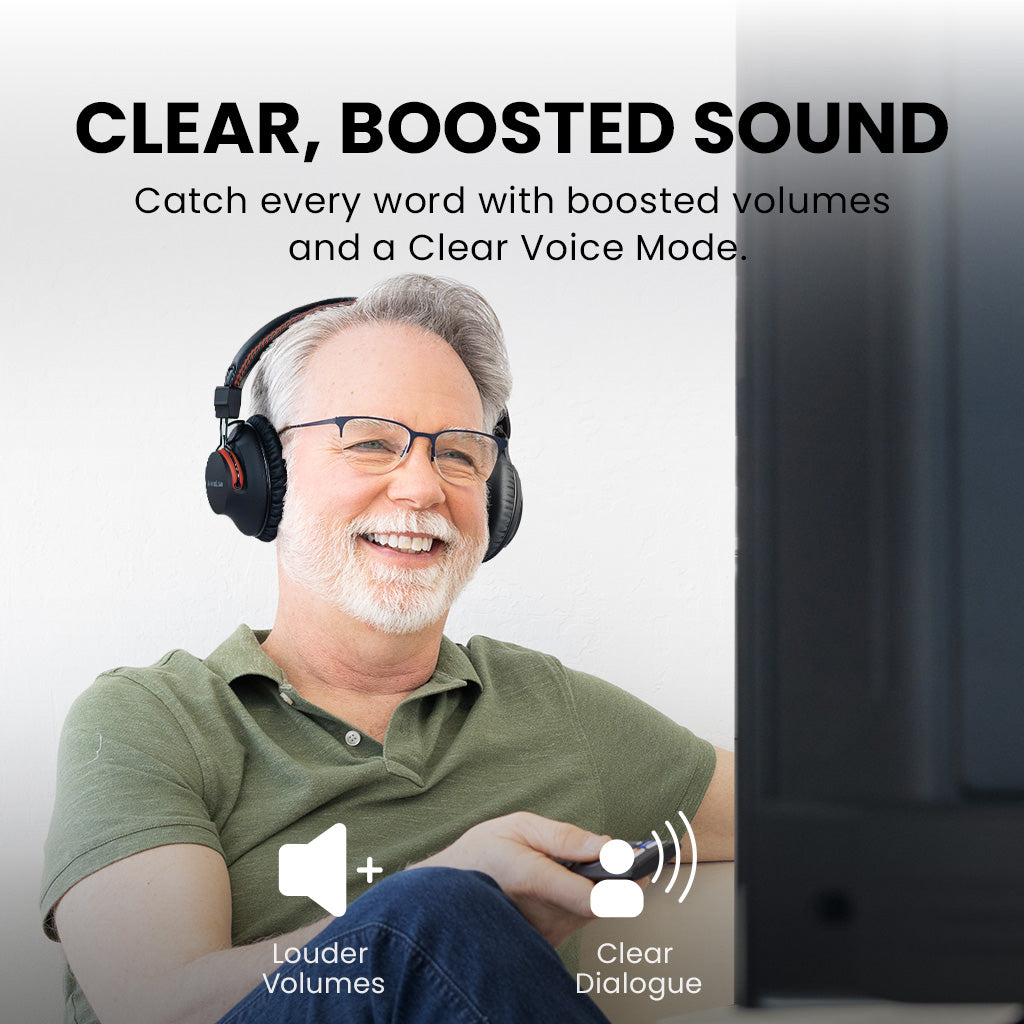 HT41899 Plus Wireless Dual Headphones for TV watching, with boosted volume and Clear Voice Mode for clearer on-screen dialogue.