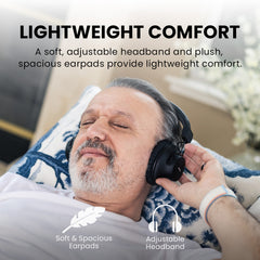 HT41899 Plus 2 Dual TV Headphones with wireless charging docks for seniors, with Clear Voice, lightweight soft design, adjustable headband, and plush for comfort.