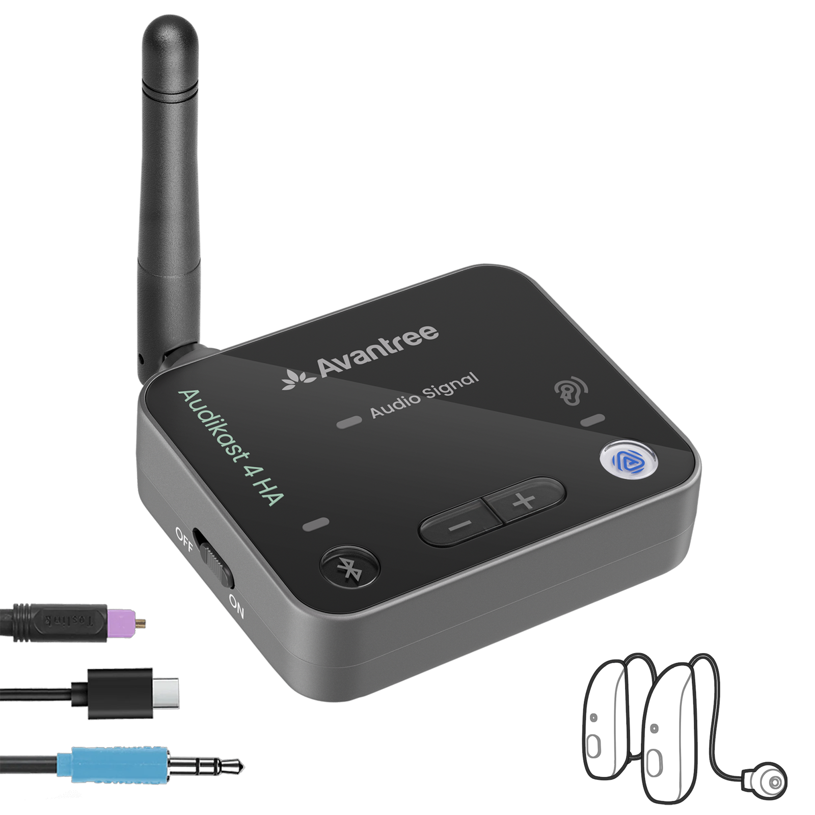 Audikast 4HA Auracast TV Transmitter Optimized for Auracast hearing aids, compatible with via optical or AUX connection