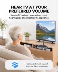 Audikast 4 sends TV audio to compatible Auracast hearing aids.