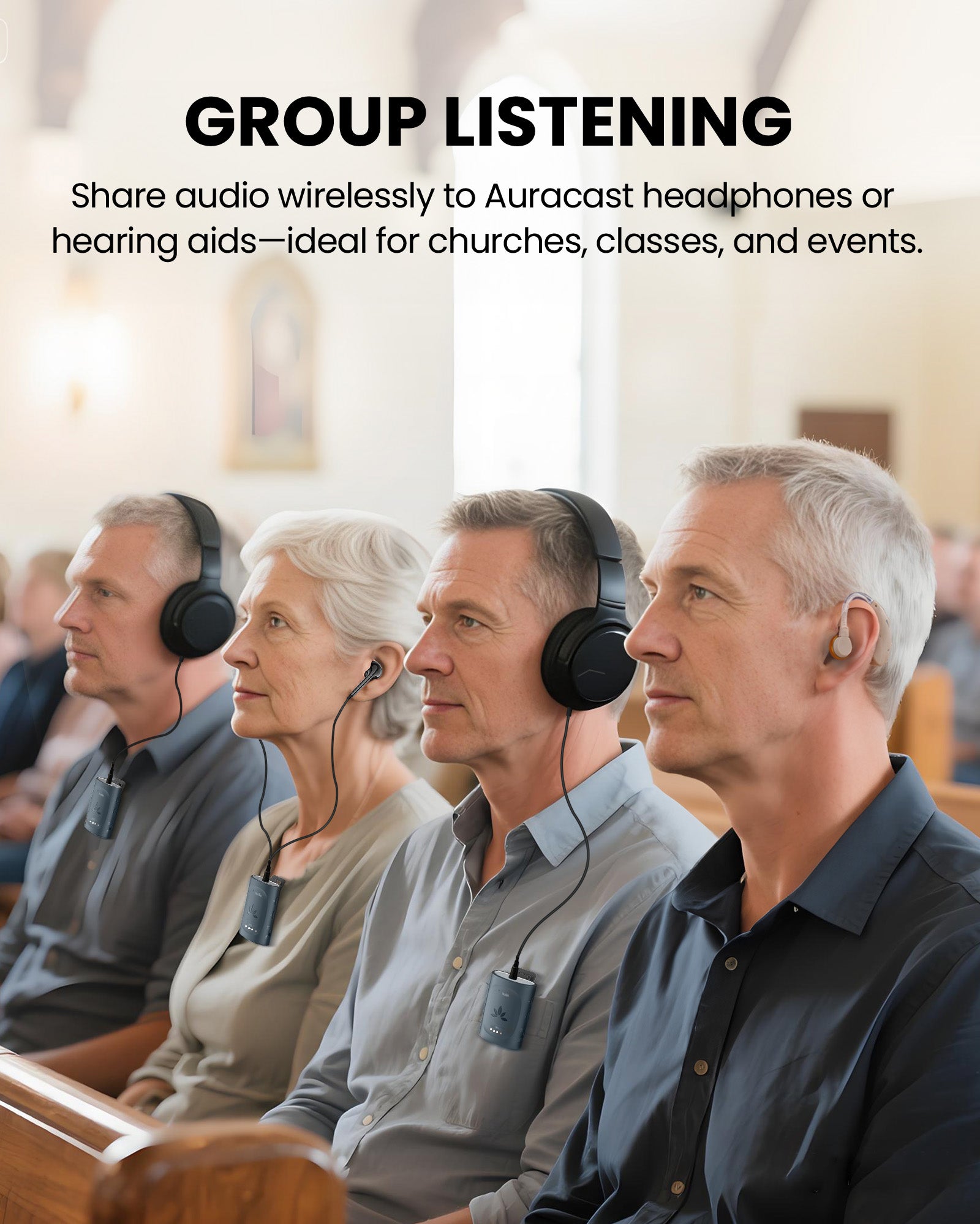 AuraPlex M3 Auracast Venue Transmitter and Receiver for Churches, and Public Spaces. Shared audio via Auracast hearing aids or 3.5mm headphones and devices.