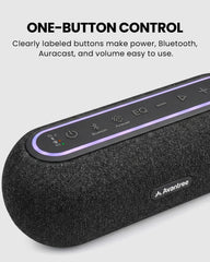Harmony A2 Auracast Multi-Room Venue Speaker System with Enhanced Sound with clearly buttons for Bluetooth and Auracast switching, and easy volume control.
