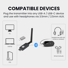 ProLink Bluetooth Adapter & Headphones Receiver, plug transmitter into any USB-A/C with 3.5mm and 2.5mm headset support.