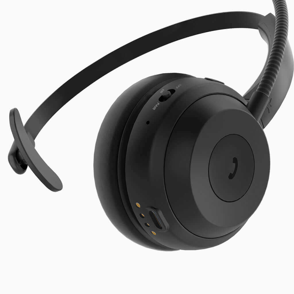 Alto Solo Wireless Headset with Microphone, featuring built-in controls for power, volume, mute, playback, and call management.