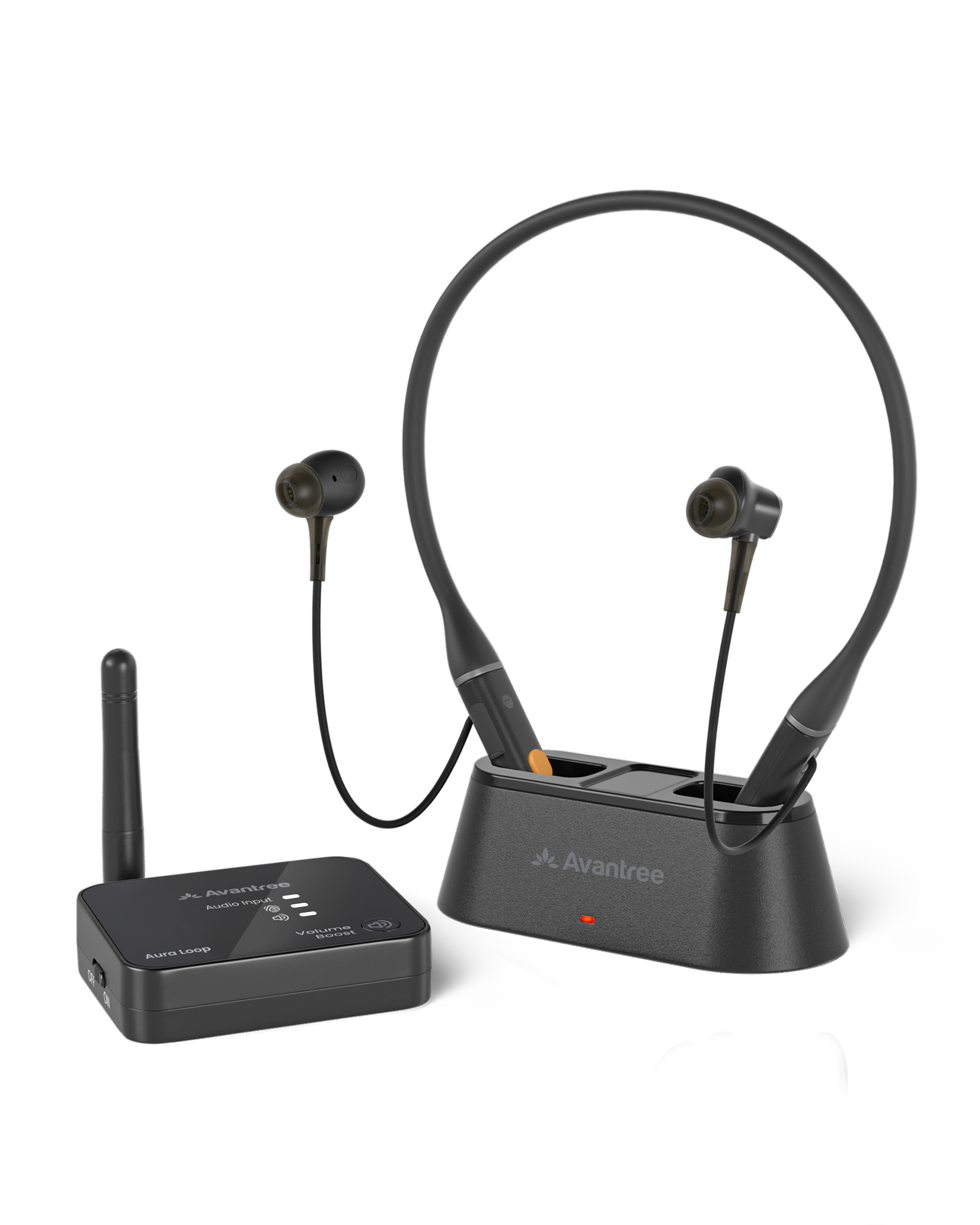 Avantree Aura Loop earbuds, charging dock and TV transmitter