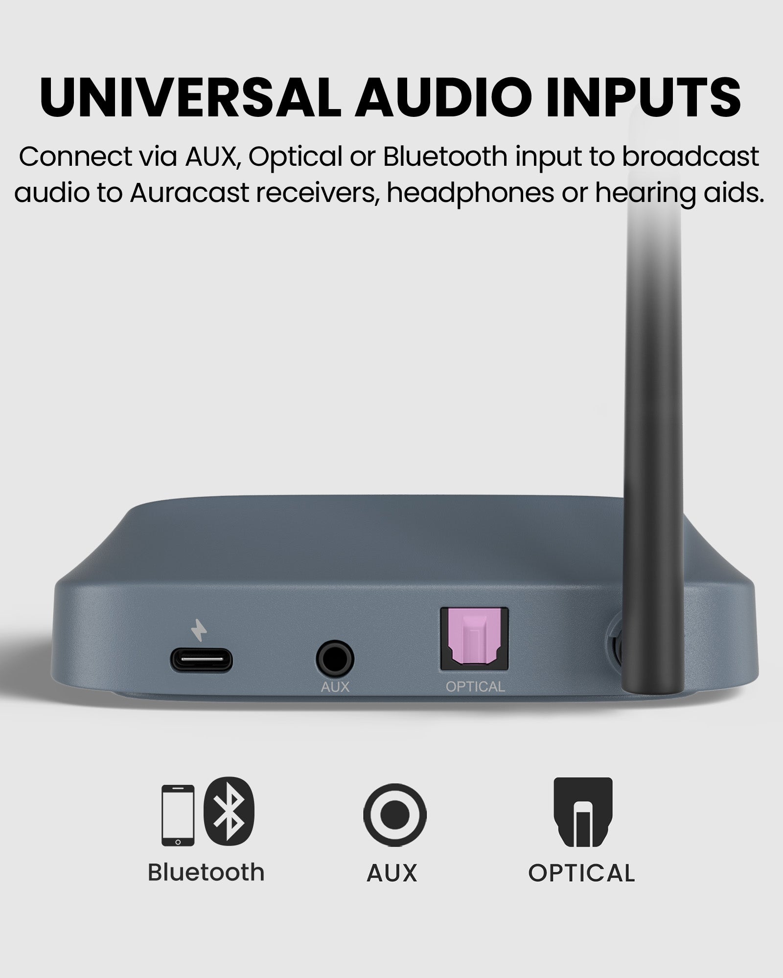 AuraPlex MX Auracast Assistive Listening System with Charging Dock, supports AUX, optical, and Bluetooth input for Auracast receivers and hearing aids.