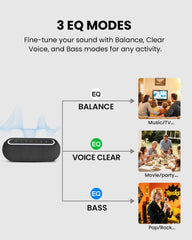 The Harmony A2 Solo Premium Sound LE Audio Auracast Speaker features 3 sound modes. Balance for TV/dialogue, Clear for party, and Bass mode.