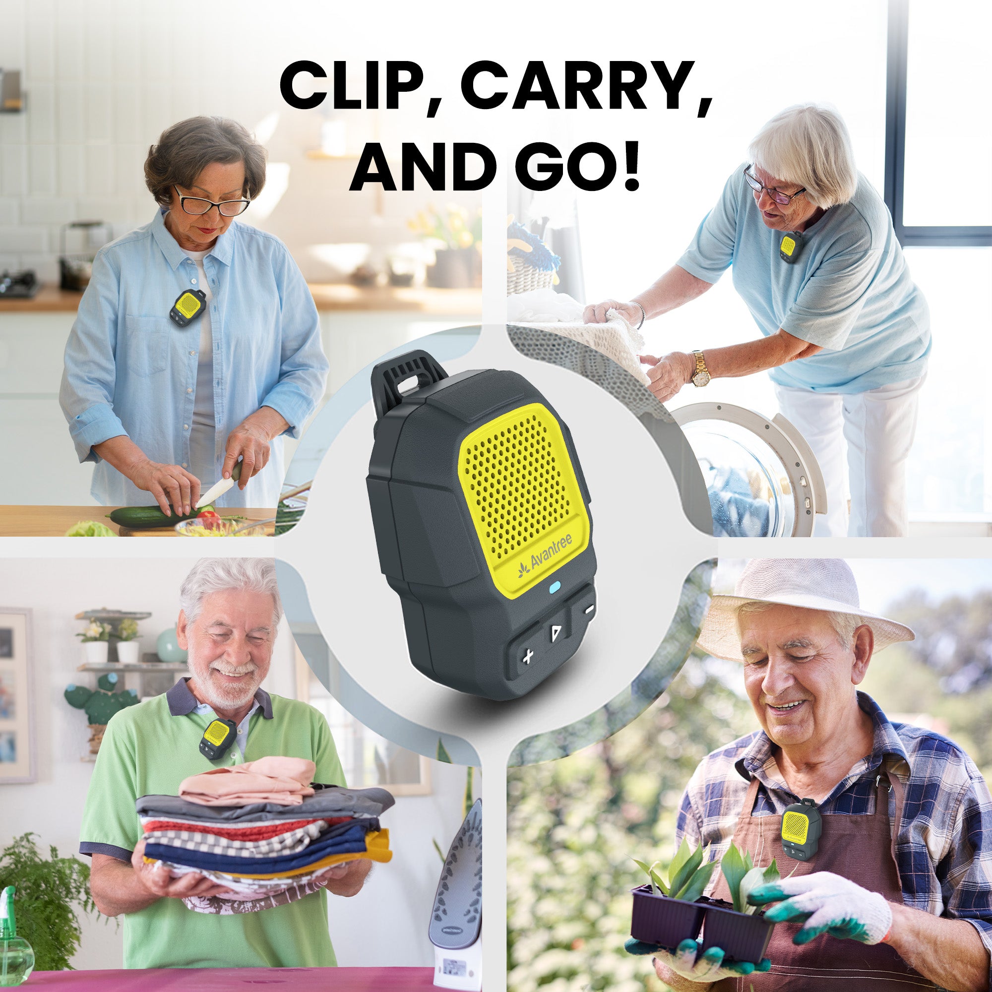 ShareCast Solo Clip-On Auracast Speaker with Bluetooth 5.4 LE Audio, strong shirt clip for hands-free music and calls during everyday activities.