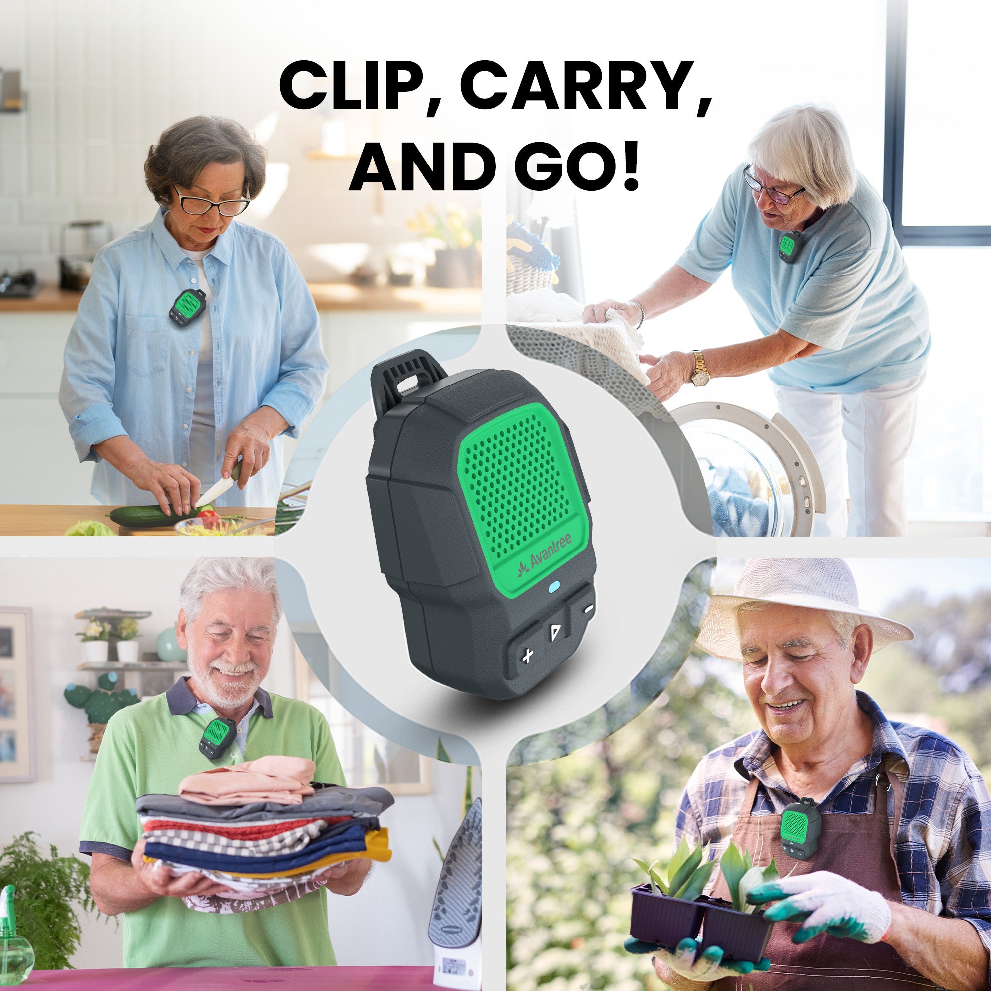 ShareCast Solo Clip-On Auracast Speaker with Bluetooth 5.4 LE Audio, strong shirt clip for hands-free music and calls during everyday activities.