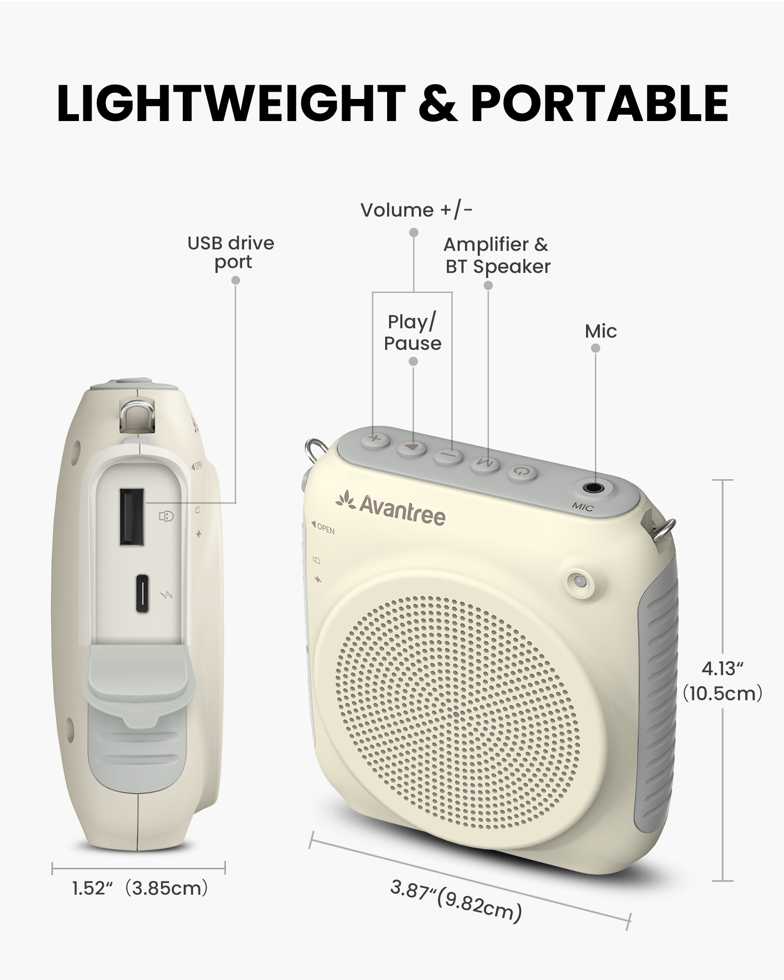 VoxAmp Lite Portable Voice Amplifier with Wireless Mic, lightweight portable, easy to wear with visible controls, microphone, and USB device port.