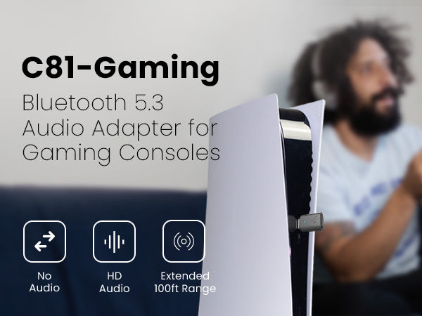 C81-Gaming PS5 Bluetooth Audio Adapter for gaming consoles with no audio delay, HD audio, and 100ft range.