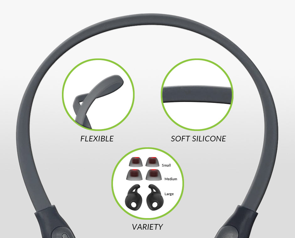 NB18 Neckband Bluetooth Earbuds, Clear Dialogue and Enhanced Bass modes, flexible and soft silicone, variety of earbuds