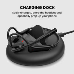 Lingo N21 Open-Ear Headphones with Mic, easy charging with desk dock and phone stand for convenient storage and power.