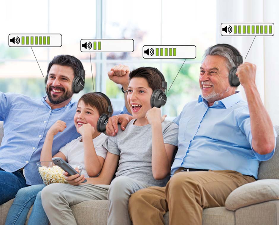 Quartet Wireless Broadcasting Set for Parties and Outdoor Activities, with independent volume control, adjustable earcups