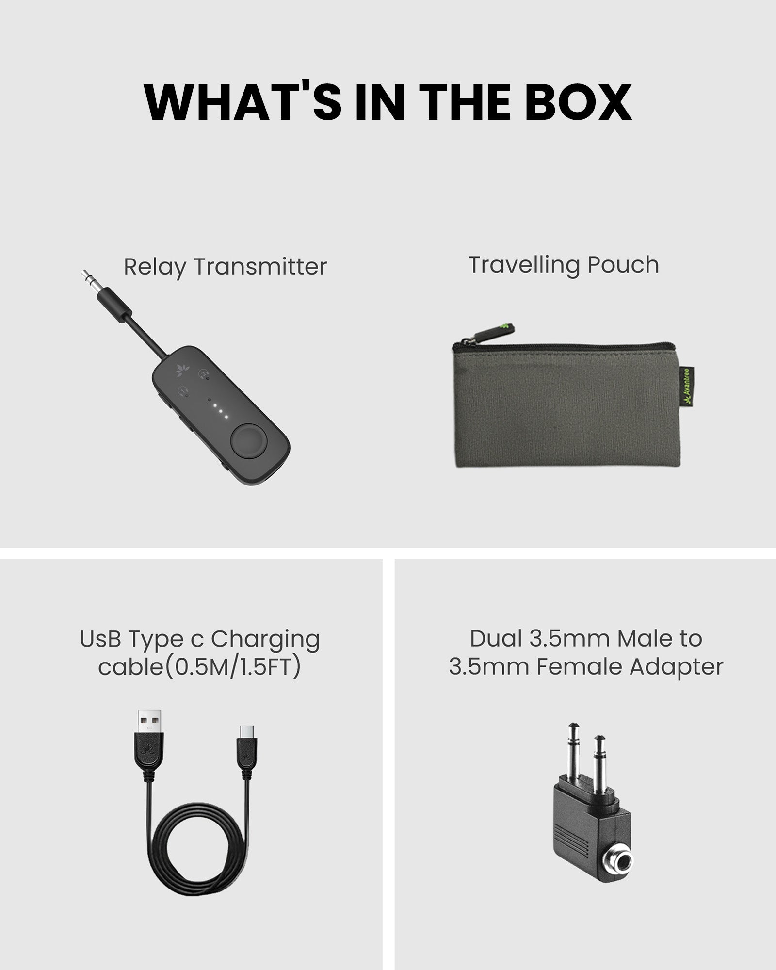 Avantree Relay package contents include airplane adapter, cable, and accessories