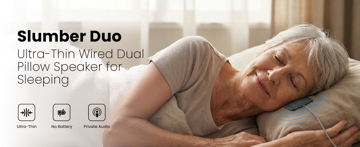 Slumber Duo Ultra-Thin Wired Pillow Speaker for Sleeping, no battery and  private audio comfort.