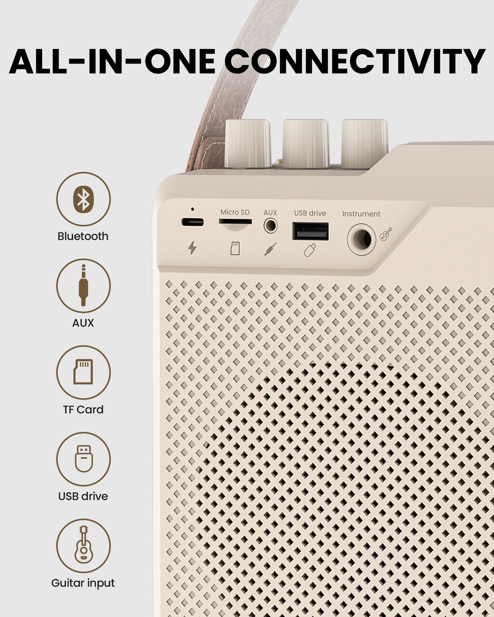 VoxAmp Duo Wireless Speaker with Dual Microphone, supports Bluetooth, AUX, TF card, USB drive, and guitar input.