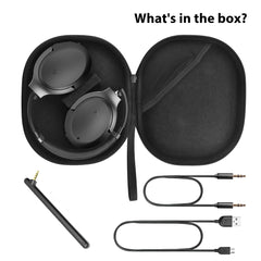 Aria Pro SSD Bluetooth Active Noise Cancellation Headphones, includes detachable boom mic, 3.5mm cable, charging cable, and carrying case.