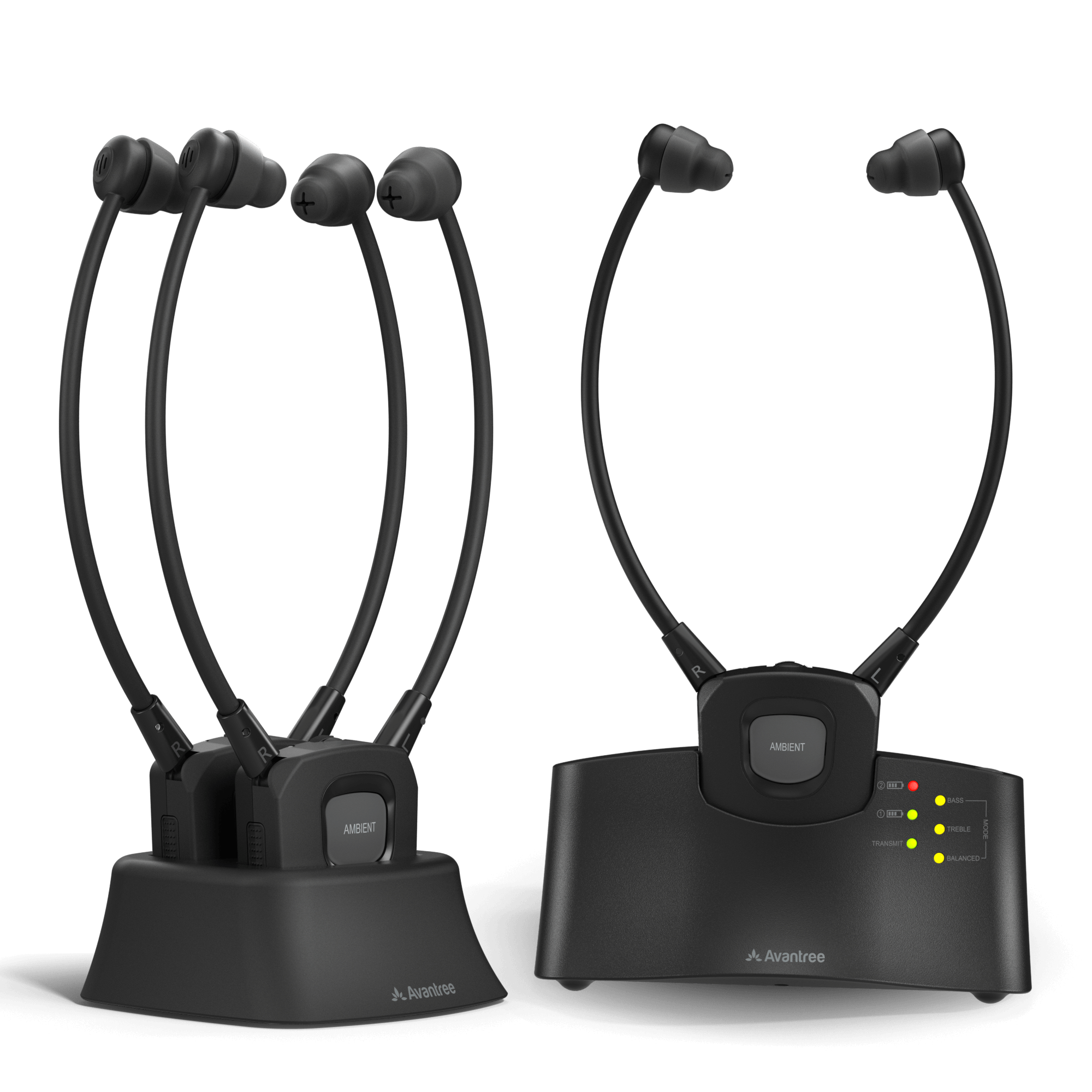 HT3831 Wireless TV Headphones for seniors and group listening, featuring Ambient Mode, with individual volume and L/R balance control.