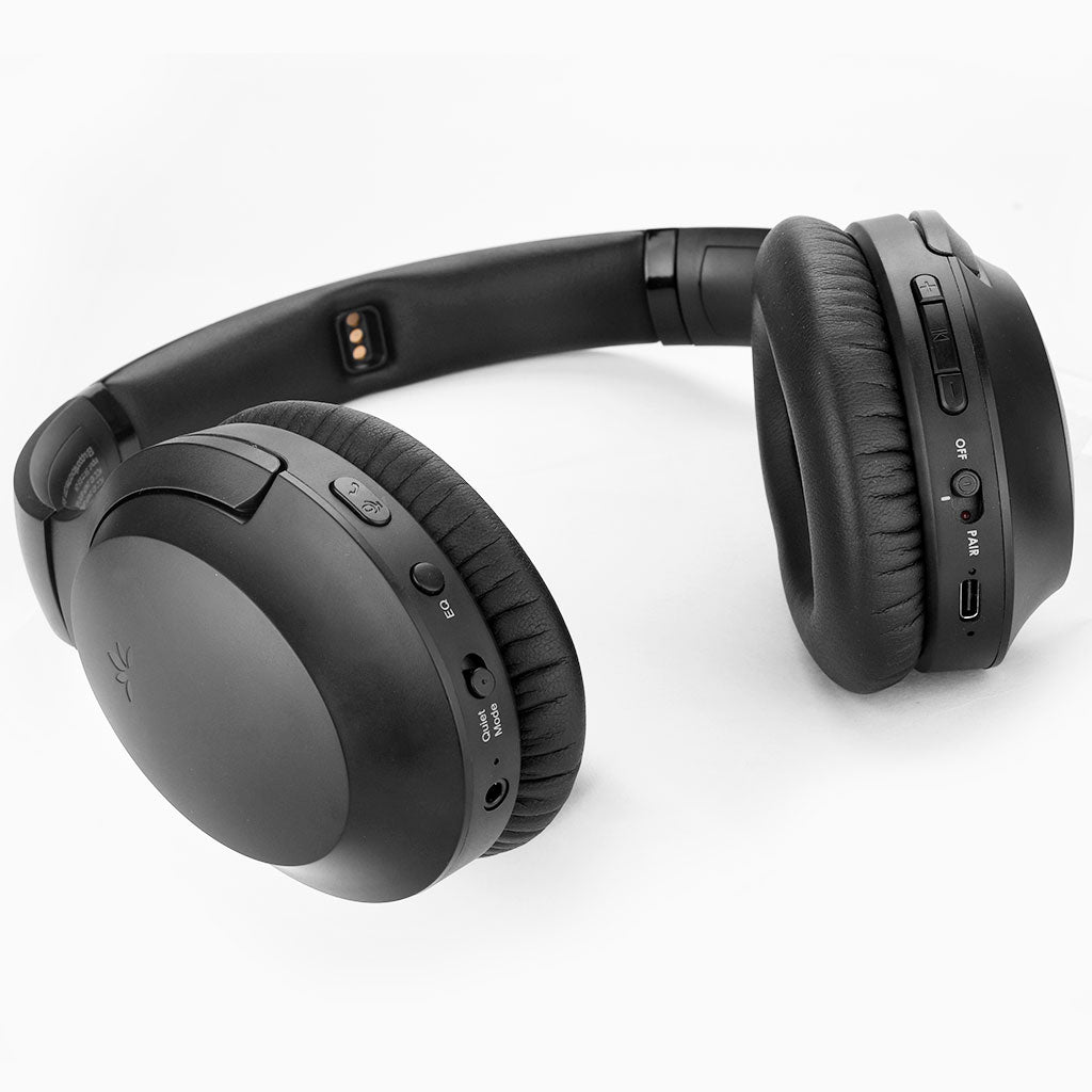 Opera Wireless TV Headphones with transmitter and charging dock, featuring independent volume control, on/off switch, and EQ modes for Balanced and Clear Voice sound.