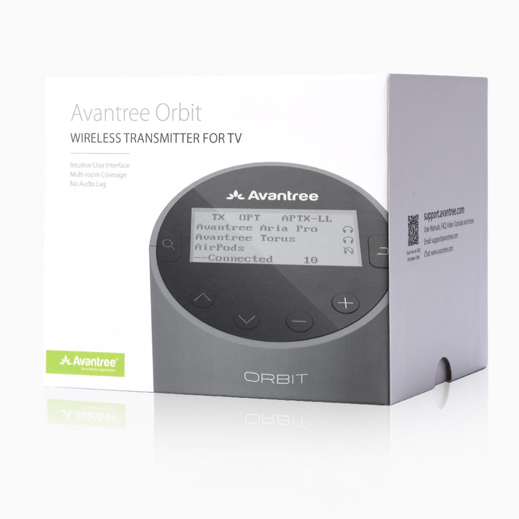 Orbit  Bluetooth TV Transmitter with LCD Screen Display, Soundbar & Stereo Simultaneous Output, Class 1 Long Range, aptX Low Latency, Connect to Two Headphones