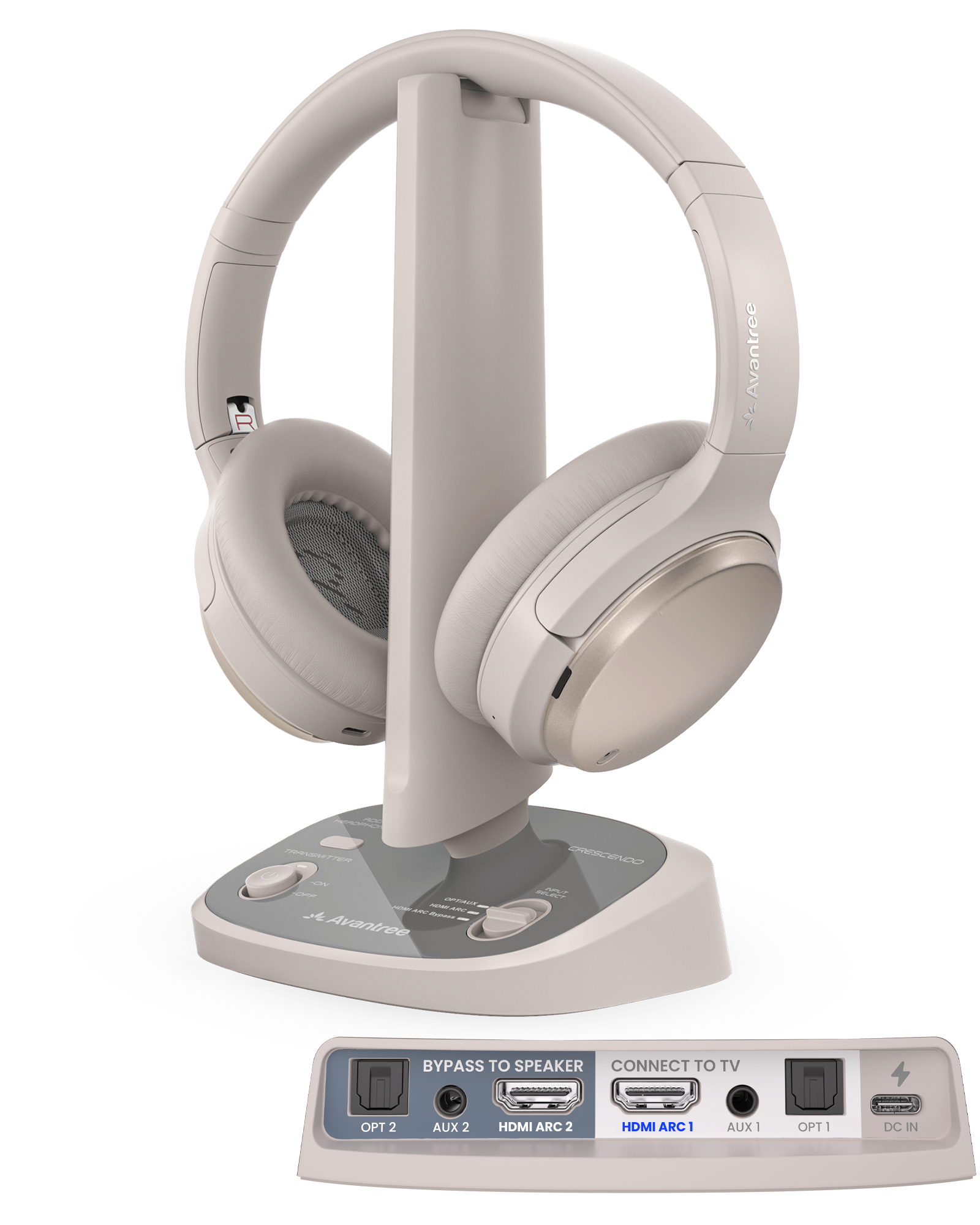 Crescendo Me headphones with transmitter and charging base