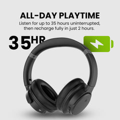 Ensemble Wireless TV Headphones with transmitter and charging base, featuring up to 35 hours of continuous listening and 2 hours to full charge.