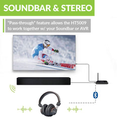 Avantree HT5009 Wireless Headphones for TV with transmitter, supports optical, 3.5 mm AUX, and RCA inputs, with soundbar passthrough and simultaneous headphone audio.
