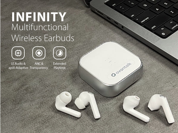 Infinity Multifunctional Wireless Earbuds with LE Audio & aptX Adaptive, ANC, transparency mode, and extended playtime.