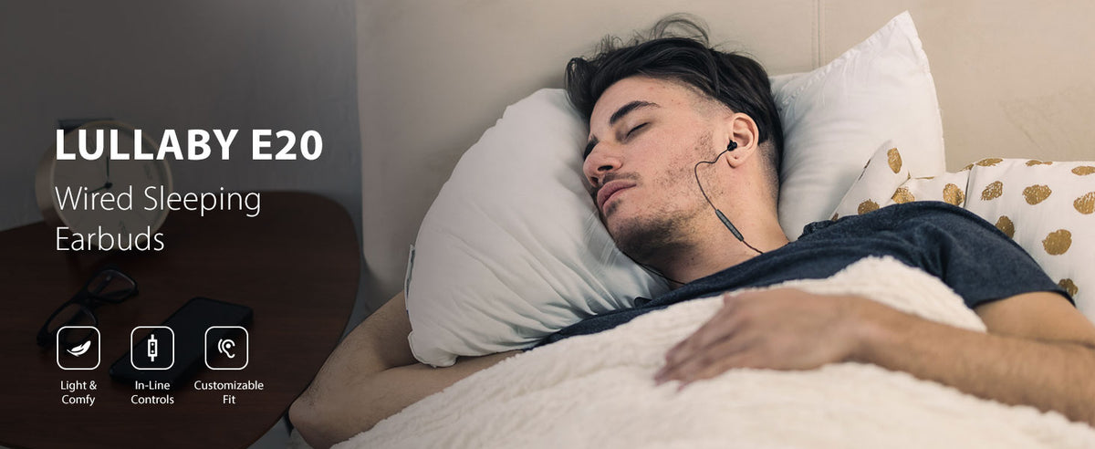 Lullaby E20 Wired Sleeping Earbuds, lightweight comfort with in-line controls and customizable fit.