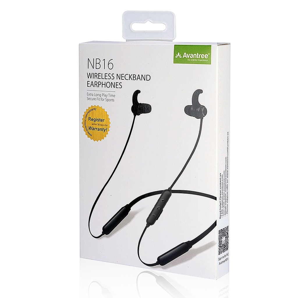 NB16 Bluetooth Neckband Headphones, includes earbuds, ear tips, fins, and a USB charging cable.