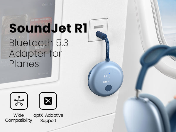 SoundJet R1 Airplane Bluetooth Adapter for Headphones & AirPods, up to 25-hour battery, aptX Adaptive, available in five colors.