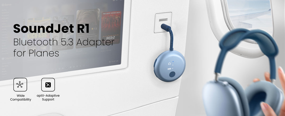 SoundJet R1 Airplane Bluetooth Adapter for Headphones and AirPods, Bluetooth 5.3 and aptX Adaptive 
