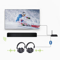 Oasis Plus Bluetooth Transmitter for TV, supports optical pass-through for simultaneous soundbar and Bluetooth headphone audio; HDMI ARC/eARC not supported.