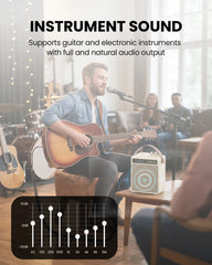 VoxAmp Duo Wireless Speaker with Dual Microphone supports instruments like guitar and electronic instruments with clear, natural audio output.