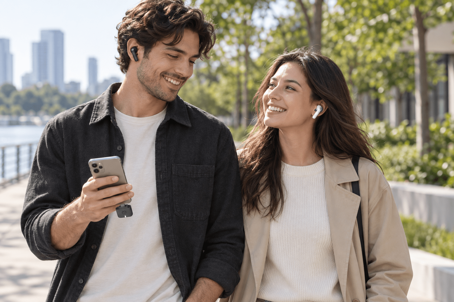 A couple walking outdoors while sharing audio from one phone with Black and White Infinity NC earbuds and C82