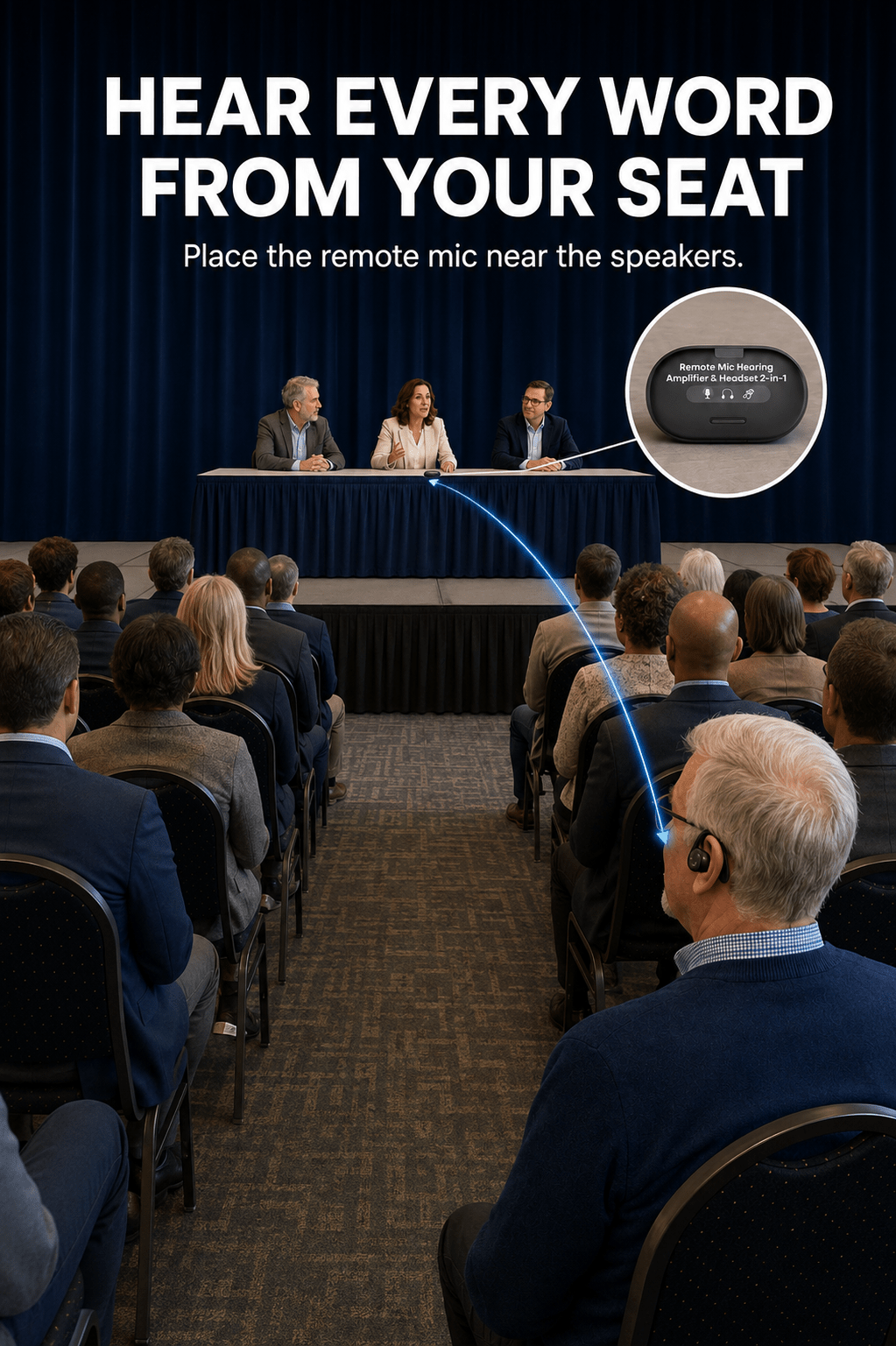 Earphone user listening while the AcuEar Pebble 2 case microphone sits near speakers at a meeting