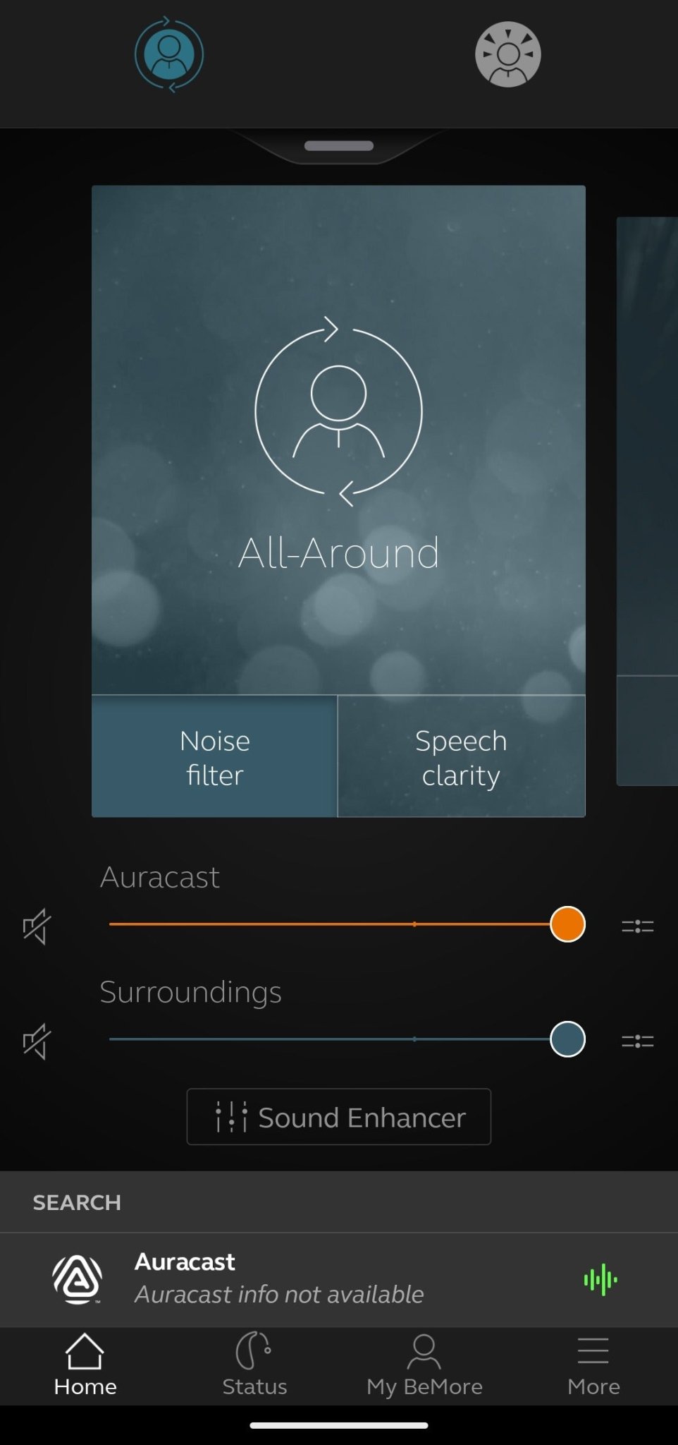 Connected Home screen with separate Auracast and Surroundings controls
