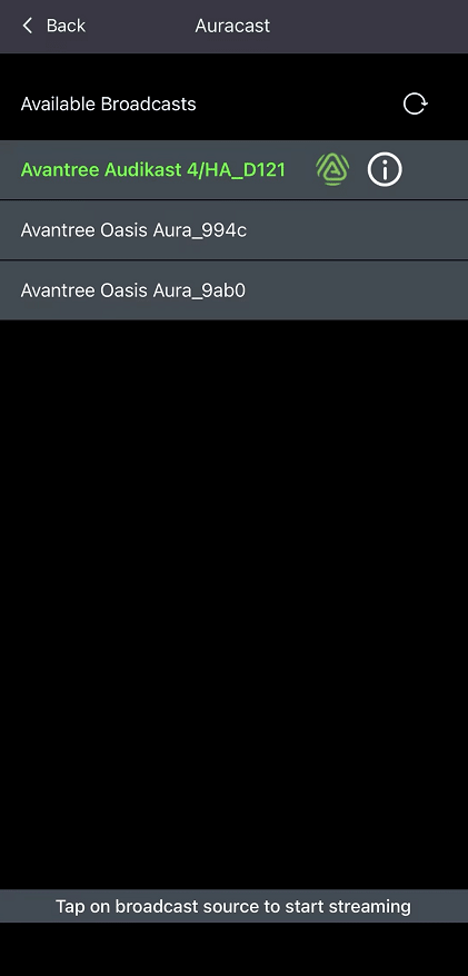 Choose an available Auracast broadcast in the App