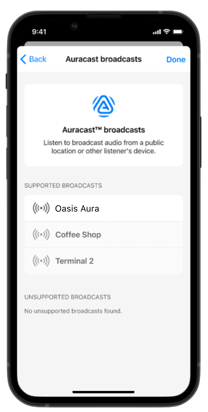NuEar Hear Circle broadcast selection screen