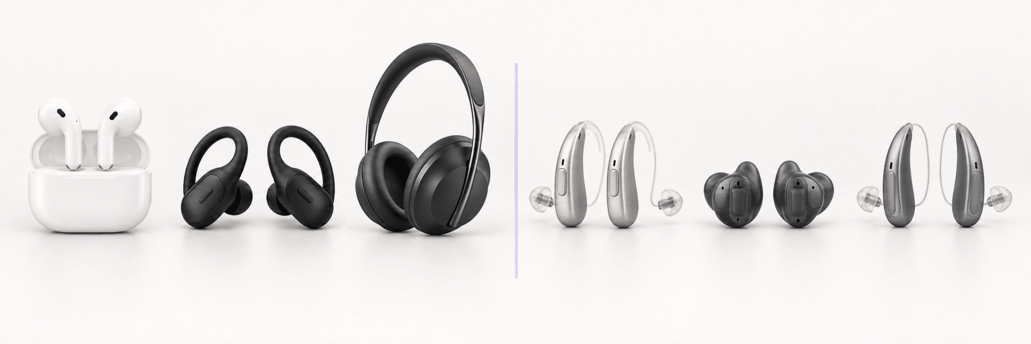 Bluetooth earbuds, Bose 700-style over-ear headphones, and three distinct hearing aid forms representing Oticon More miniBTE, ReSound Custom in-ear, and Starkey Genesis AI RIC examples