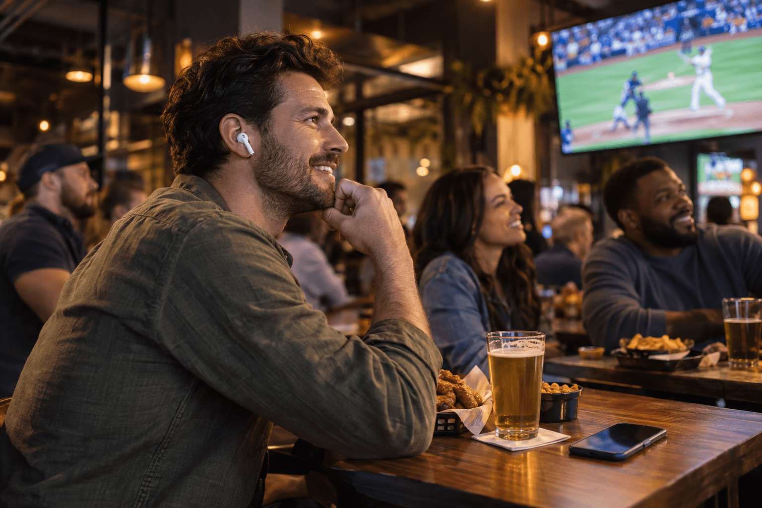 A sports fan in a bar watching a televised game while listening through white wireless earbuds connected to a phone