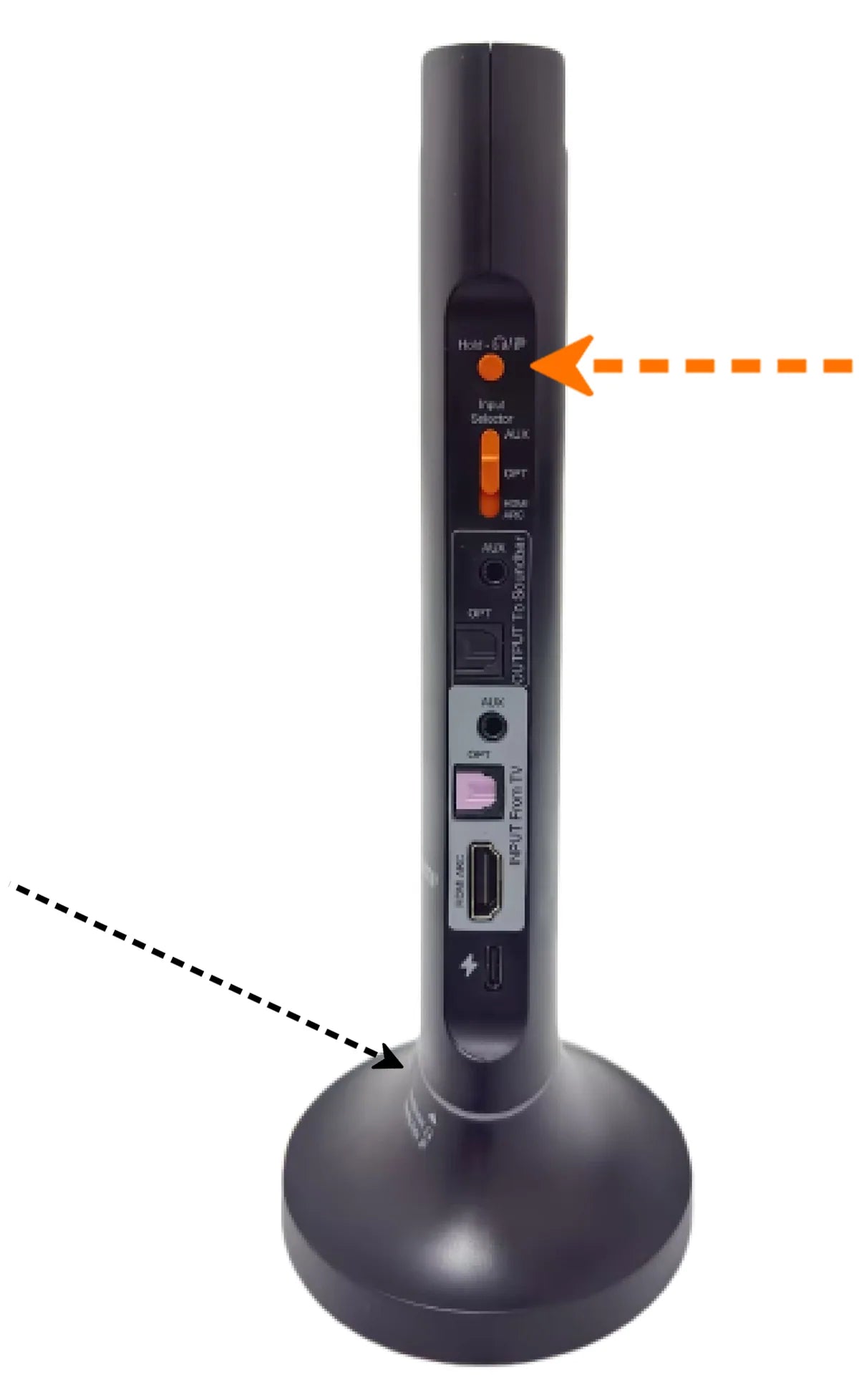 Opera Aura transmitter: the orange arrow points to the Mode button and the black arrow points to the white Hearing Aids LED at the base