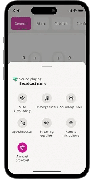 Auracast broadcast option in the Oticon app