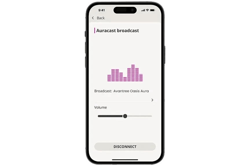 Auracast broadcast volume control in the Oticon app